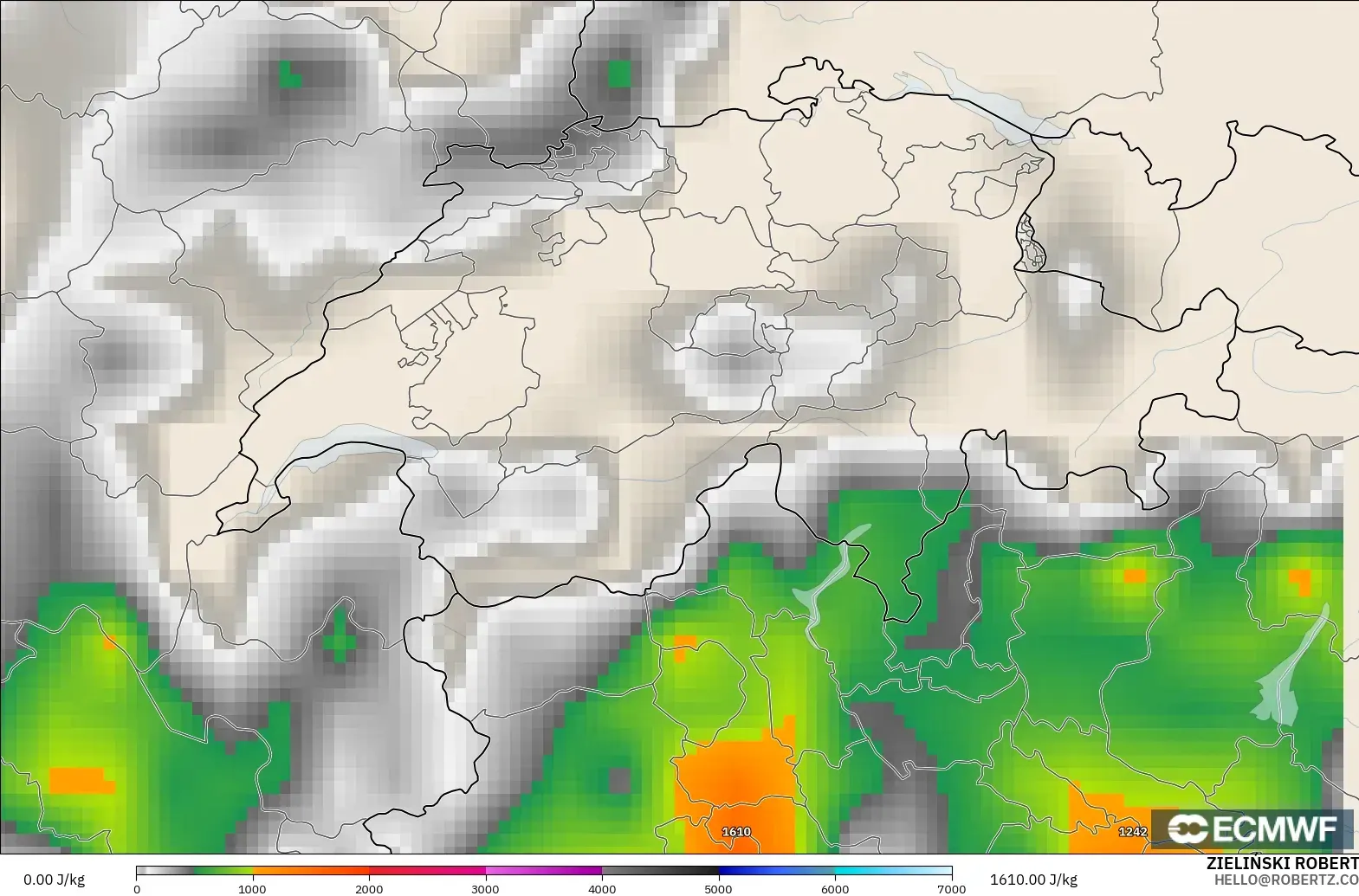 ECMWF IFS 0.25° model - Switzerland, CAPE