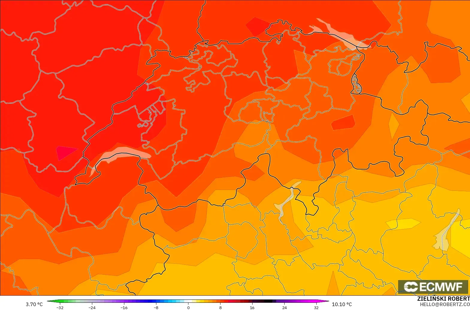 ECMWF IFS 0.25° model - Switzerland, Temperature at 850hPa Anomaly