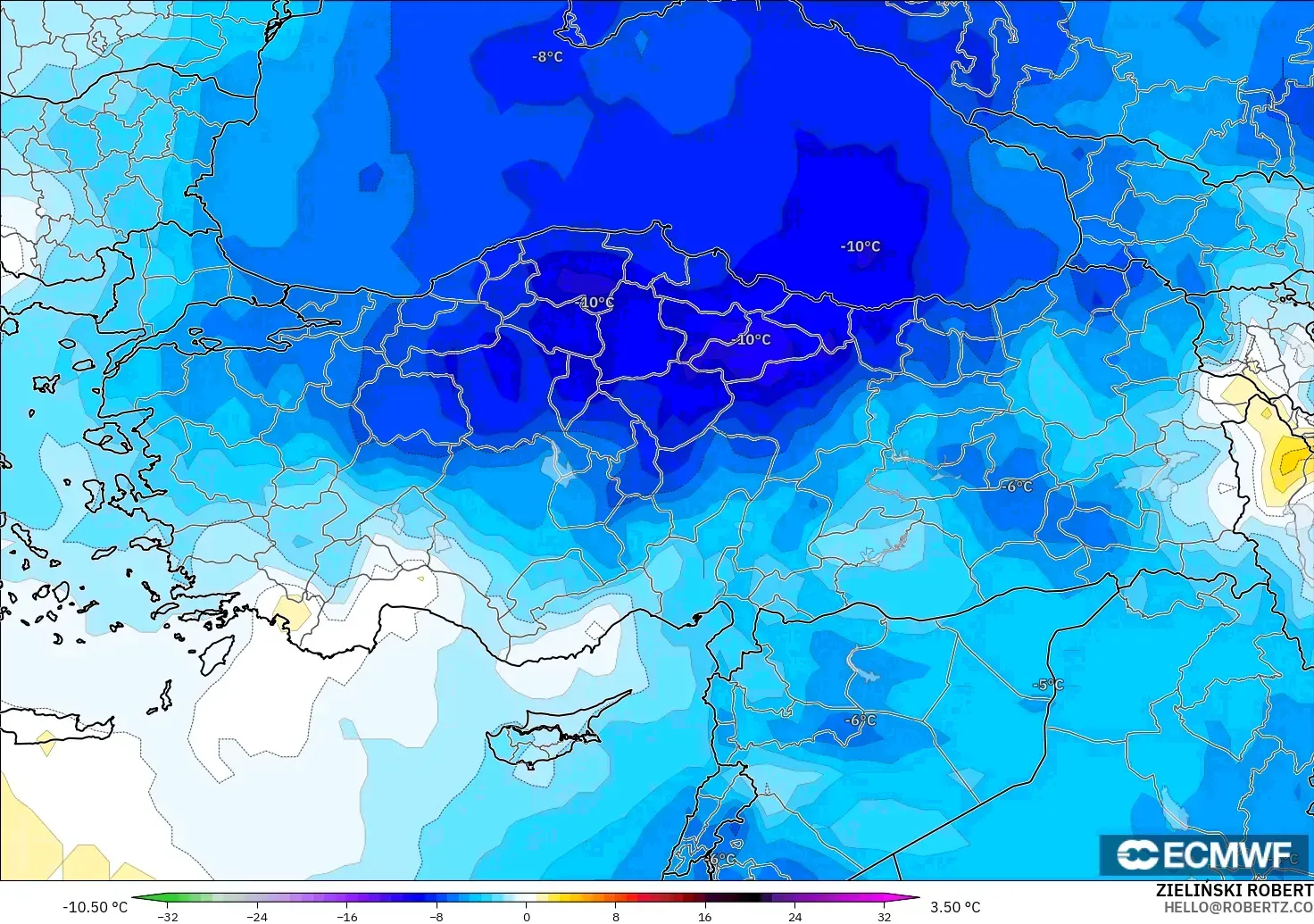 ECMWF IFS 0.25° model - Turkey, Temperature at 850hPa Anomaly