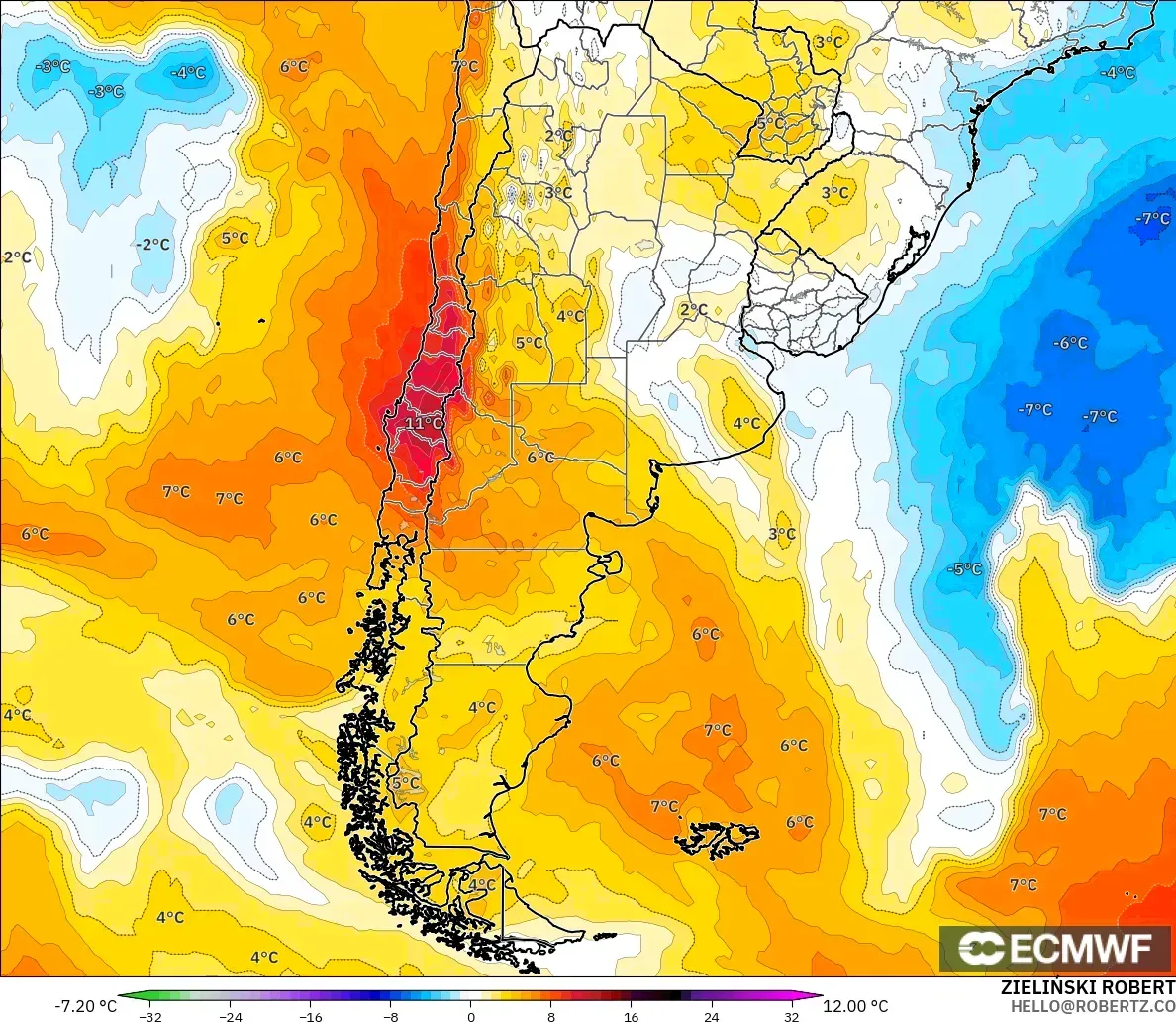 ECMWF IFS 0.25° model - Argentina, Temperature at 850hPa Anomaly