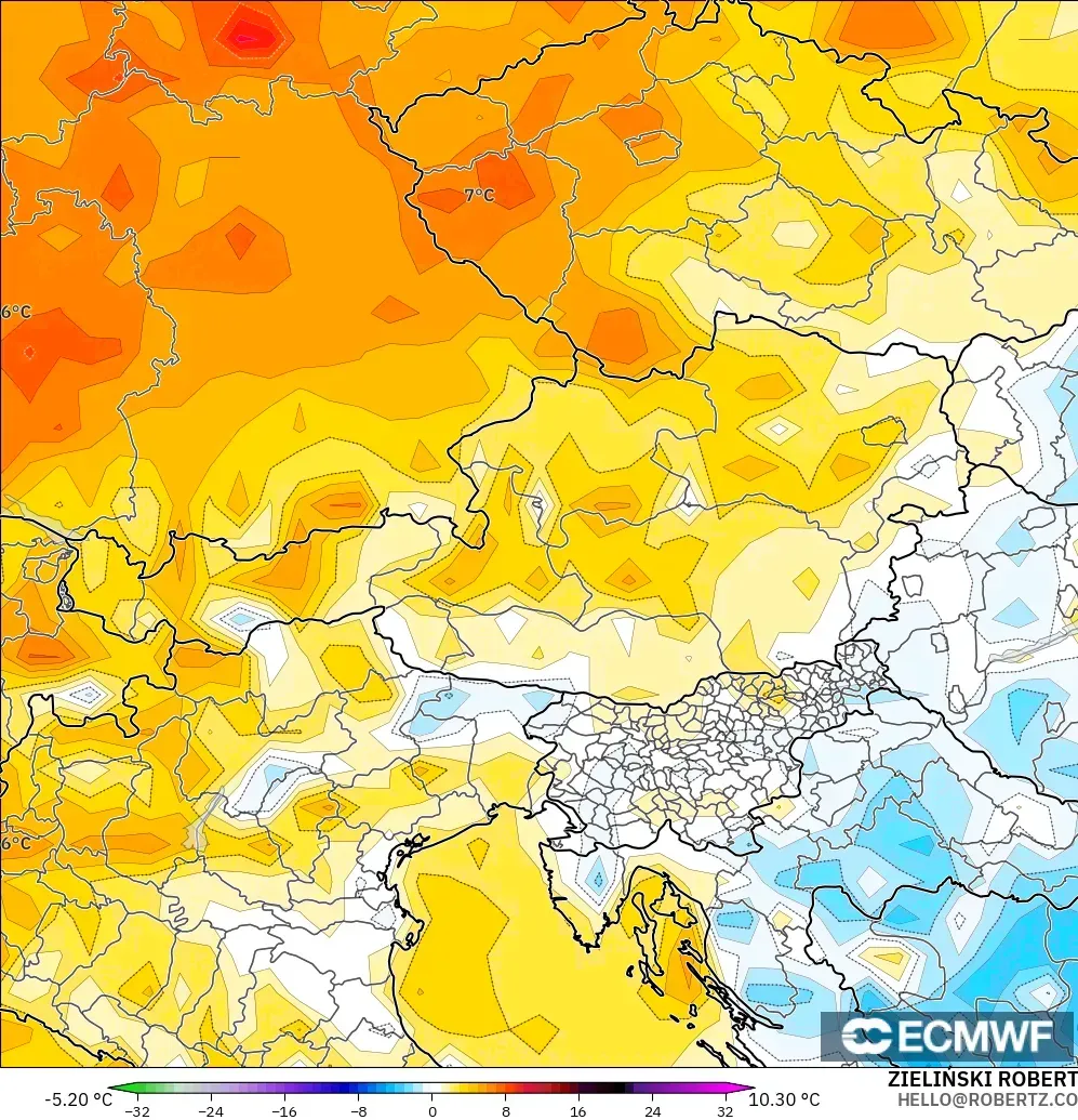 ECMWF IFS 0.25° model - Austria, Temperature at 2m Anomaly