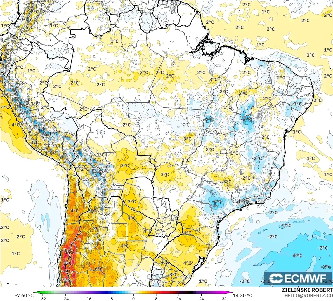 ECMWF IFS 0.25° model - Brazil, Temperature at 2m Anomaly