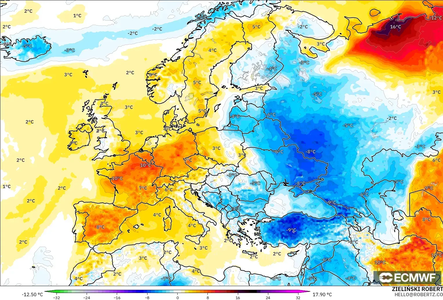 ECMWF IFS 0.25° model - Europe, Temperature at 2m Anomaly