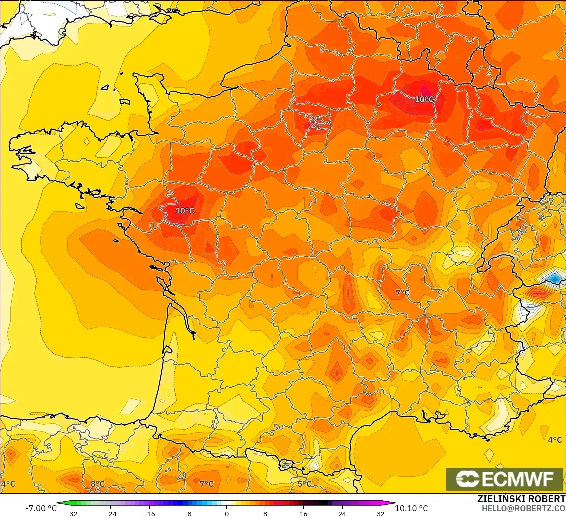 ECMWF IFS 0.25° model - France, Temperature at 2m Anomaly