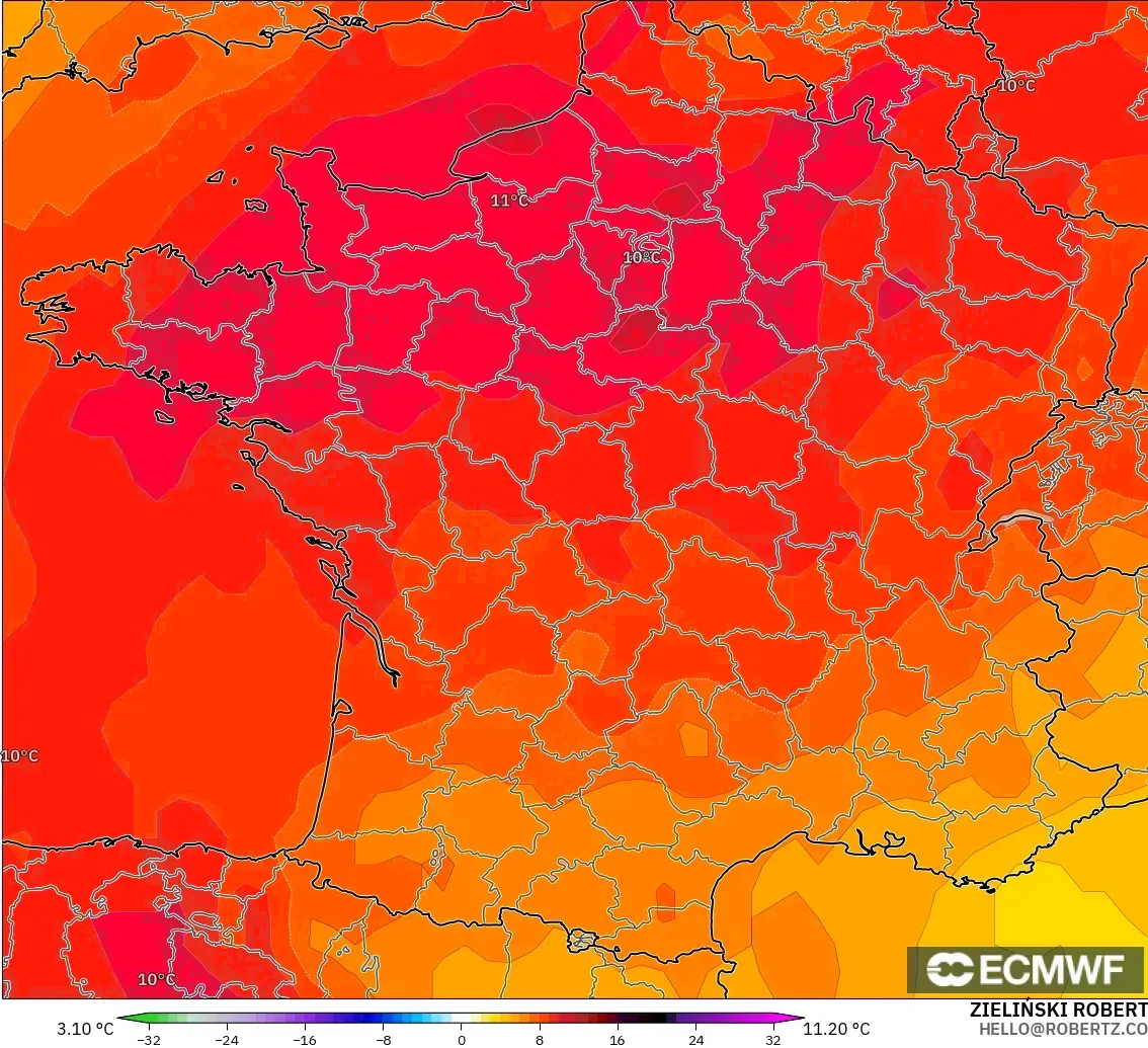 ECMWF IFS 0.25° model - France, Temperature at 850hPa Anomaly