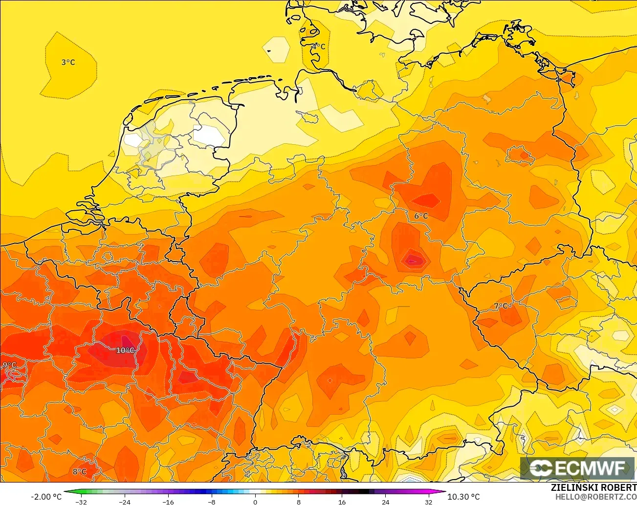 ECMWF IFS 0.25° model - Germany, Temperature at 2m Anomaly