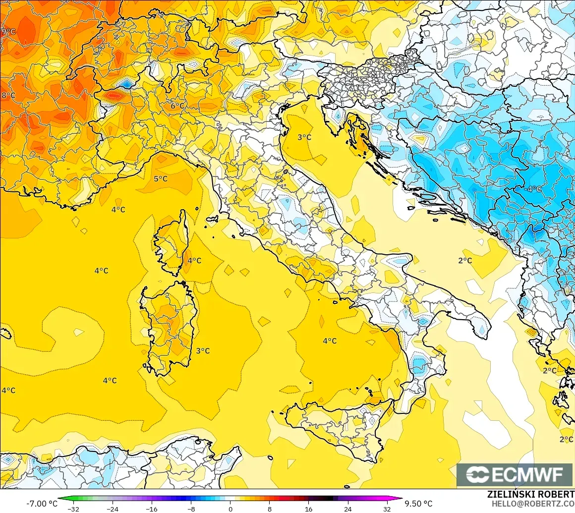 ECMWF IFS 0.25° model - Italy, Temperature at 2m Anomaly