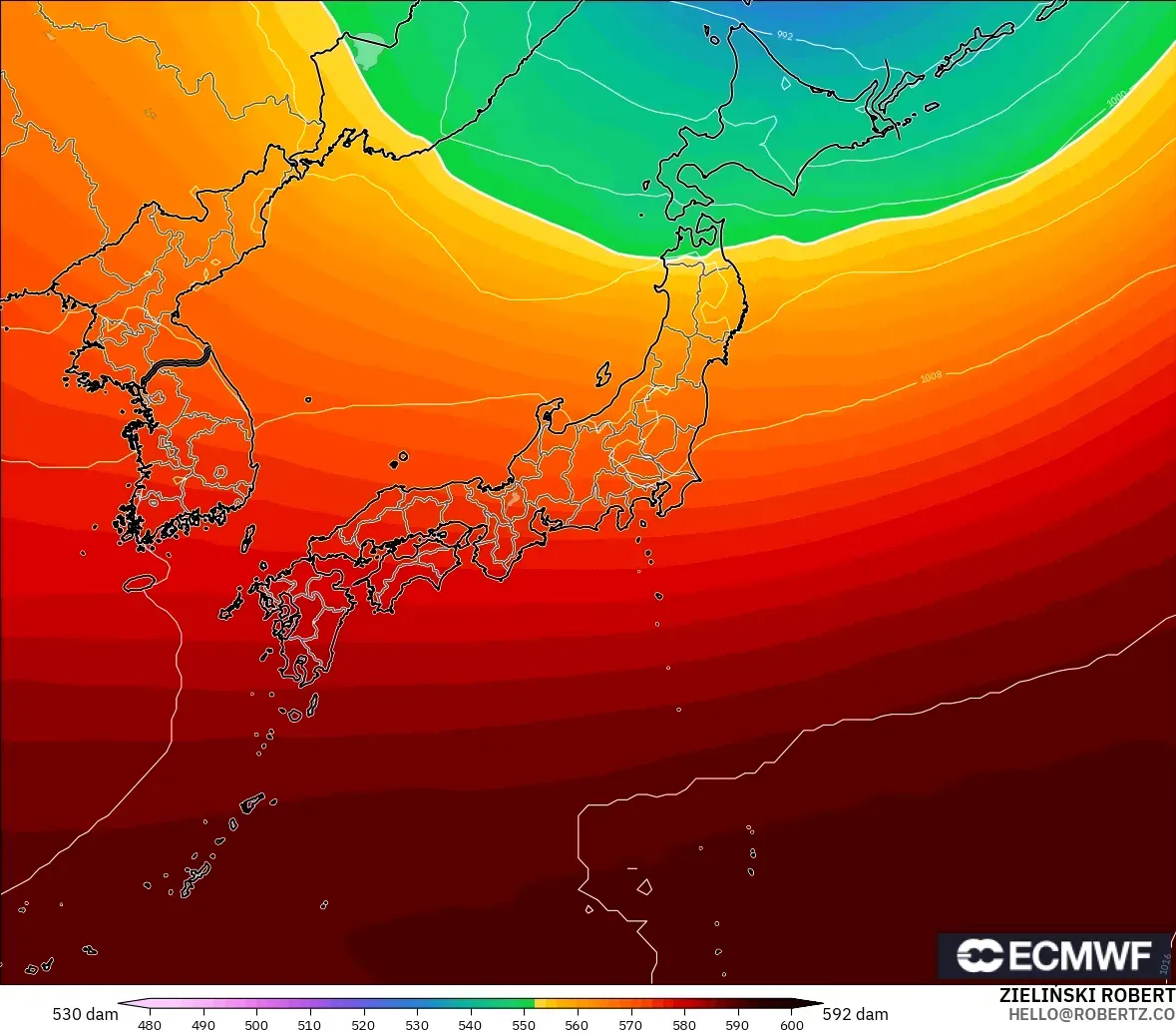 ECMWF IFS 0.25° model - Japan, Geopotential height at 500hPa