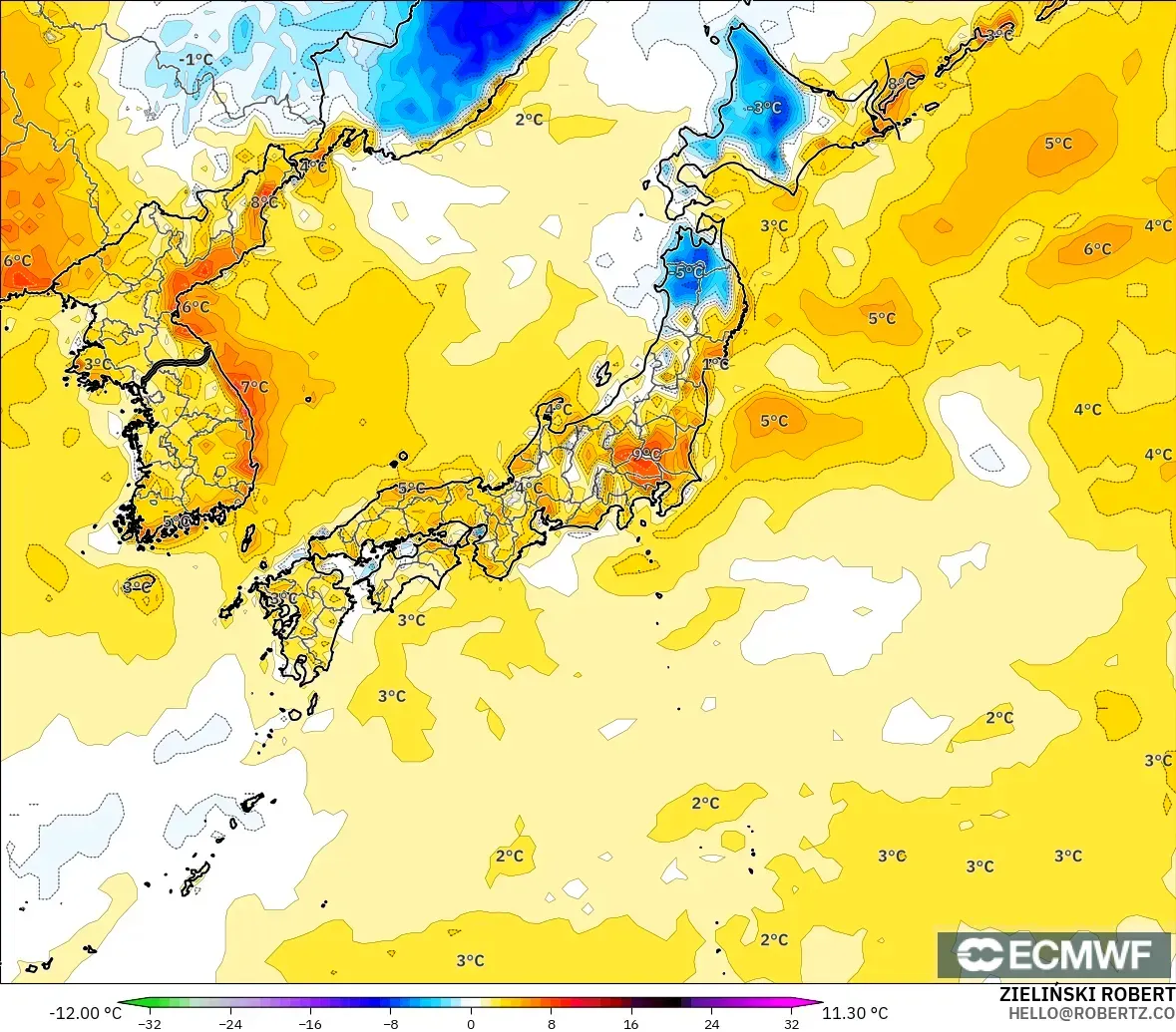 ECMWF IFS 0.25° model - Japan, Temperature at 2m Anomaly