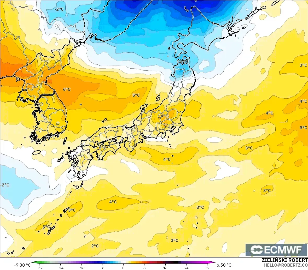 ECMWF IFS 0.25° model - Japan, Temperature at 850hPa Anomaly