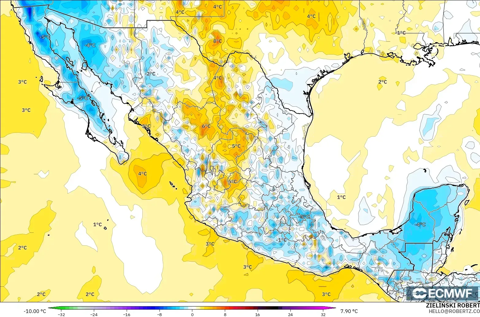 ECMWF IFS 0.25° model - Mexico, Temperature at 2m Anomaly