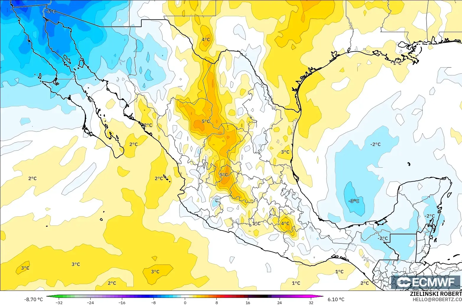 ECMWF IFS 0.25° model - Mexico, Temperature at 850hPa Anomaly