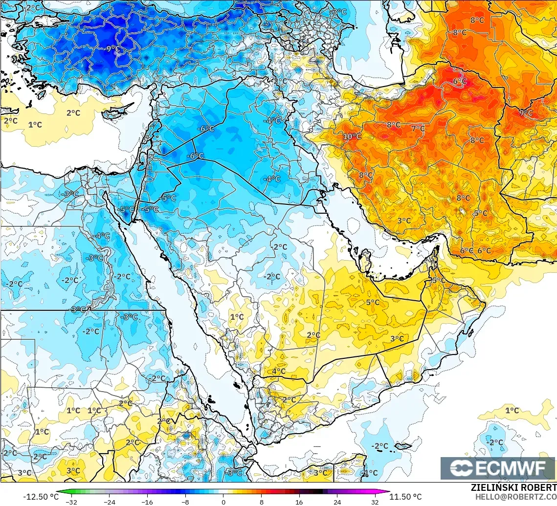 ECMWF IFS 0.25° model - Middle East, Temperature at 2m Anomaly