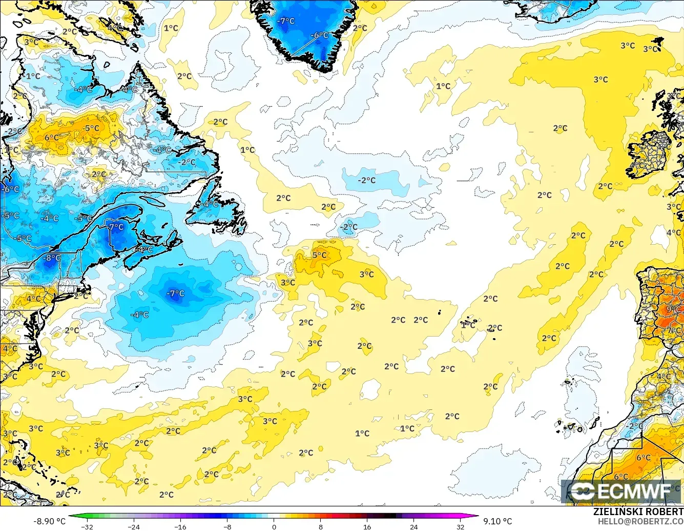 ECMWF IFS 0.25° model - North Atlantic, Temperature at 2m Anomaly