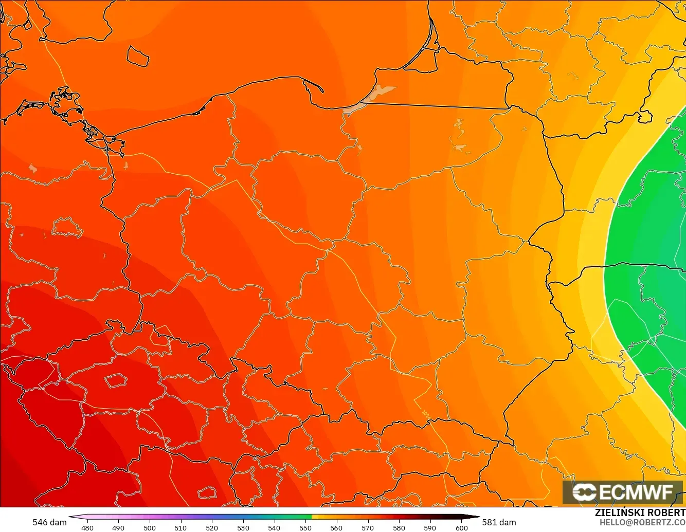 ECMWF IFS 0.25° model - Poland, Geopotential height at 500hPa
