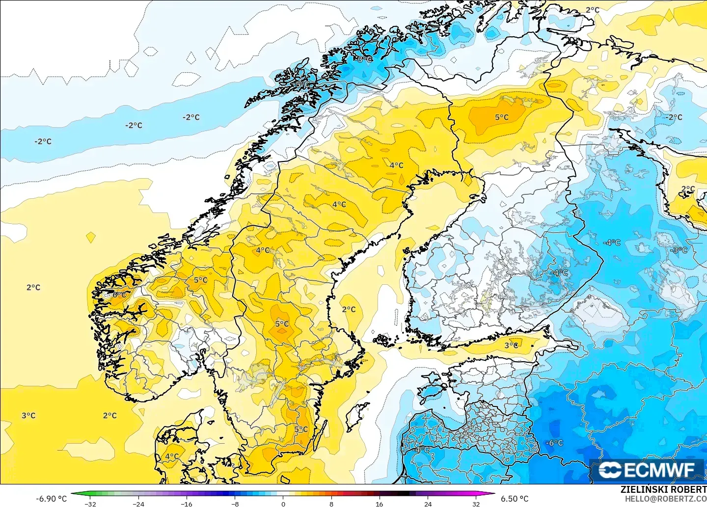 ECMWF IFS 0.25° model - Scandinavia, Temperature at 2m Anomaly