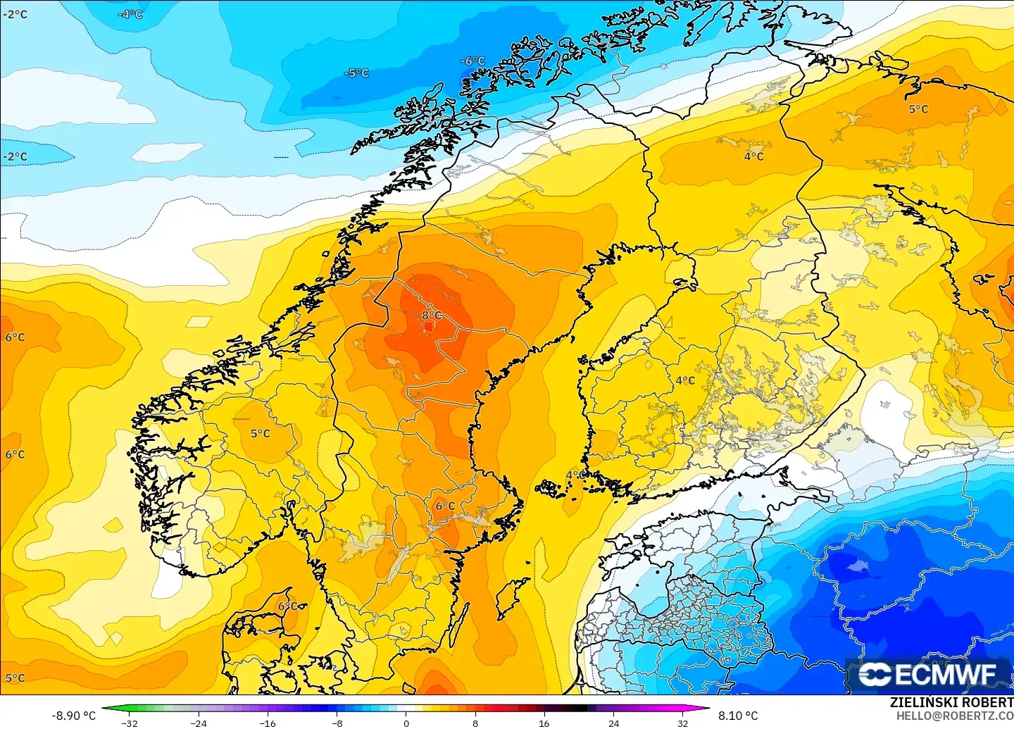 ECMWF IFS 0.25° model - Scandinavia, Temperature at 850hPa Anomaly