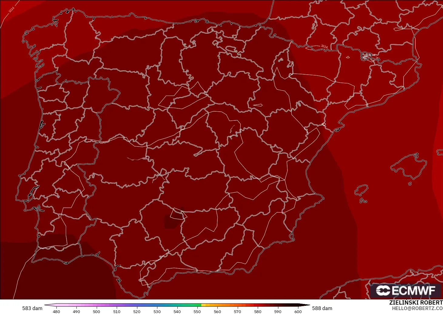 ECMWF IFS 0.25° model - Spain, Geopotential height at 500hPa