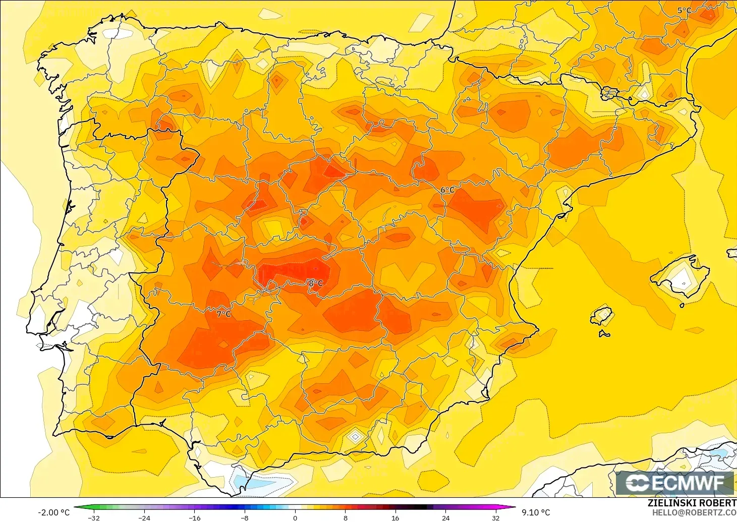 ECMWF IFS 0.25° model - Spain, Temperature at 2m Anomaly