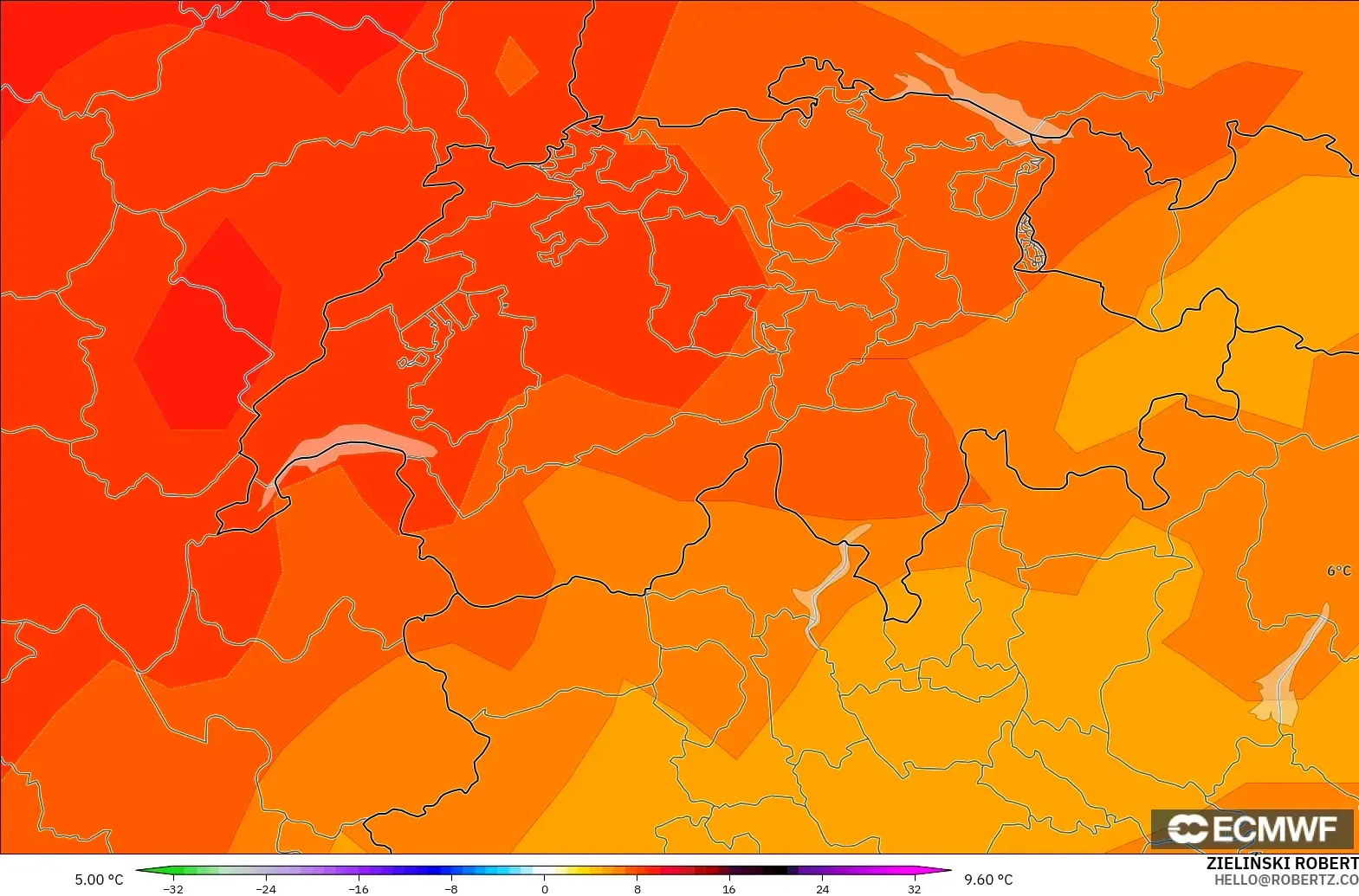 ECMWF IFS 0.25° model - Switzerland, Temperature at 850hPa Anomaly