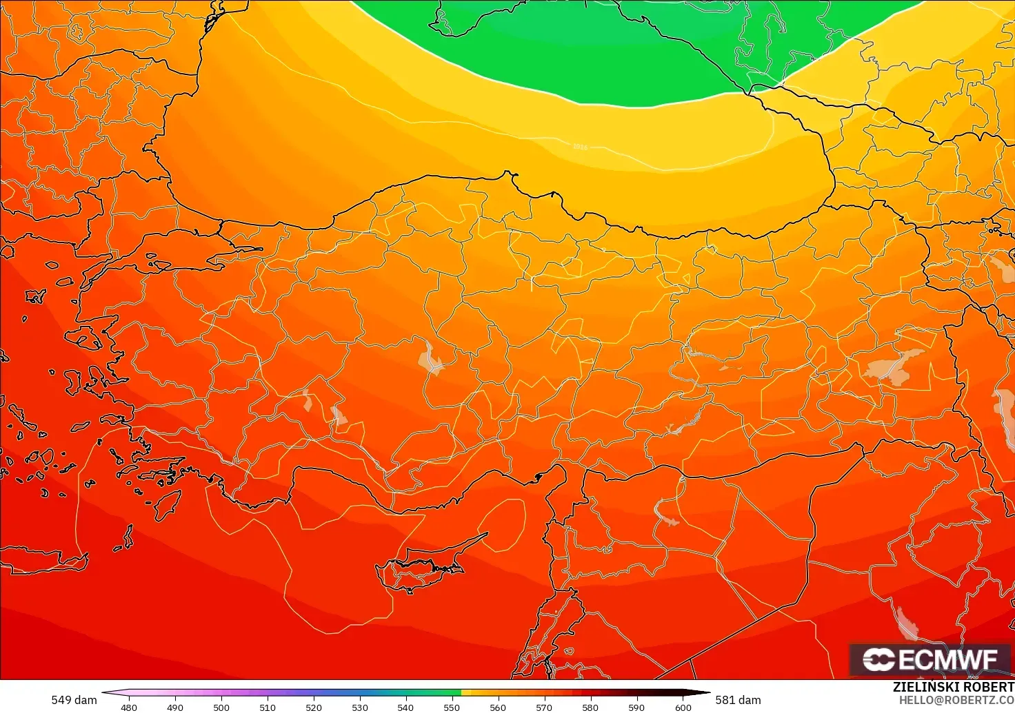 ECMWF IFS 0.25° model - Turkey, Geopotential height at 500hPa