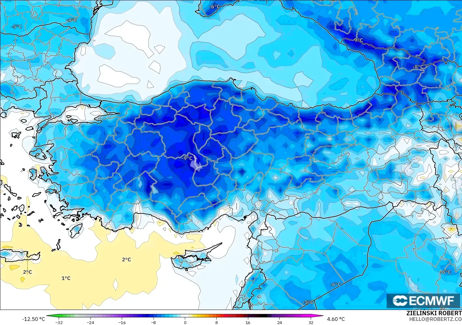 ECMWF IFS 0.25° model - Turkey, Temperature at 2m Anomaly