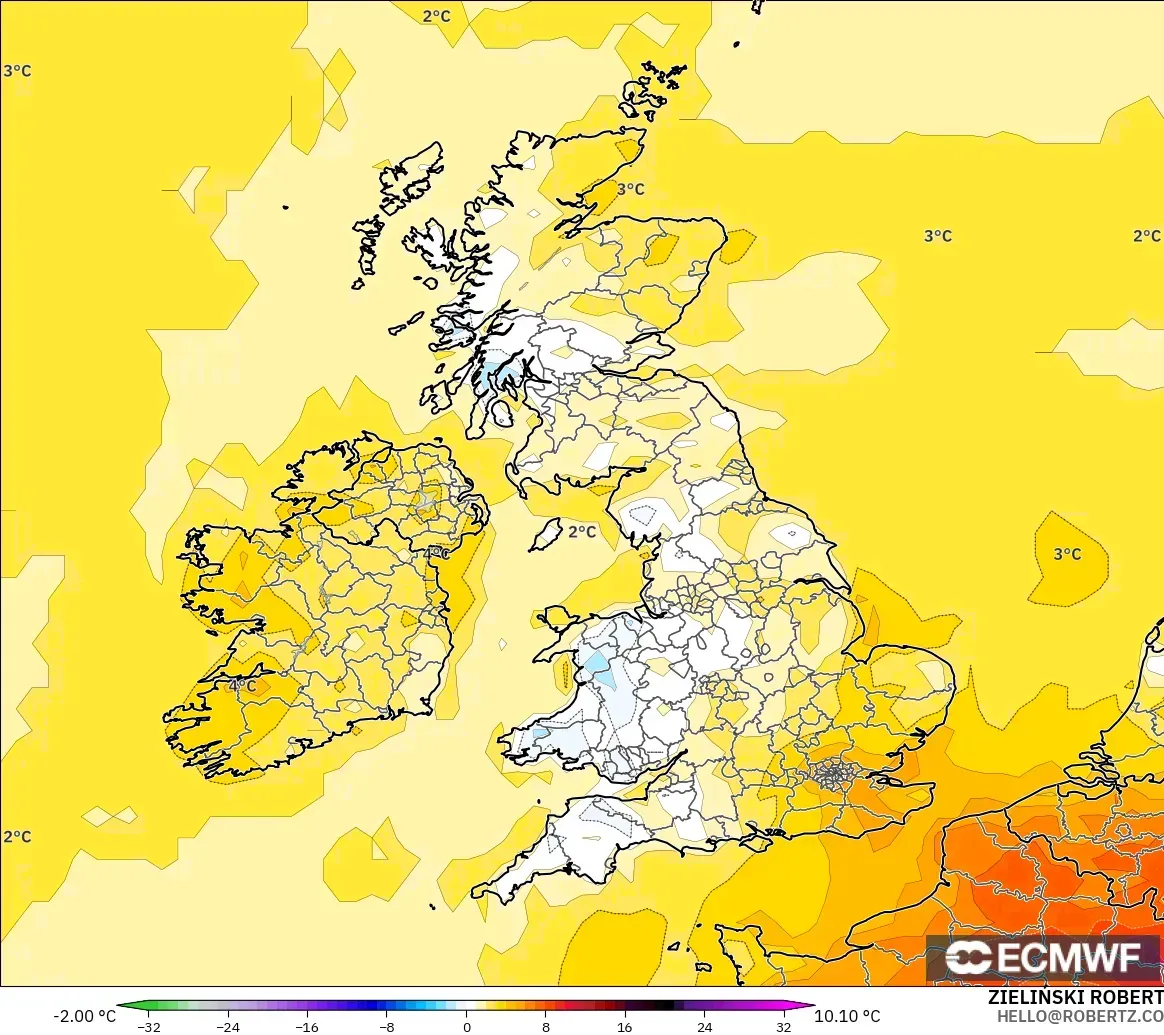 ECMWF IFS 0.25° model - United Kingdom, Temperature at 2m Anomaly