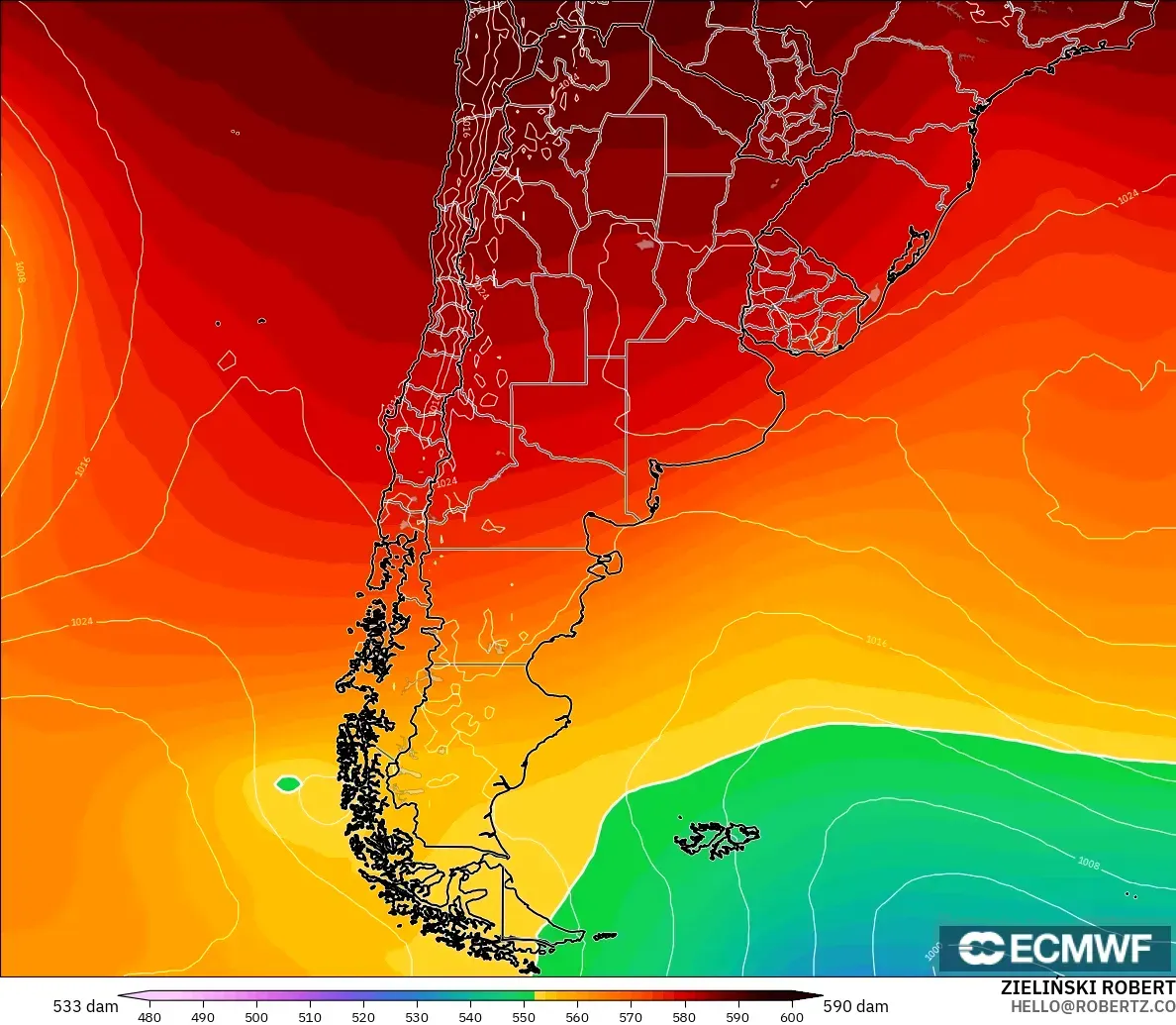 ECMWF IFS 0.25° model - Argentina, Geopotential height at 500hPa