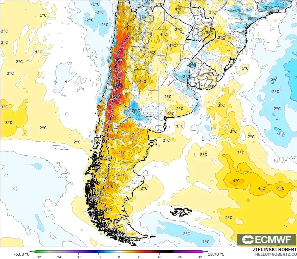 ECMWF IFS 0.25° model - Argentina, Temperature at 2m Anomaly