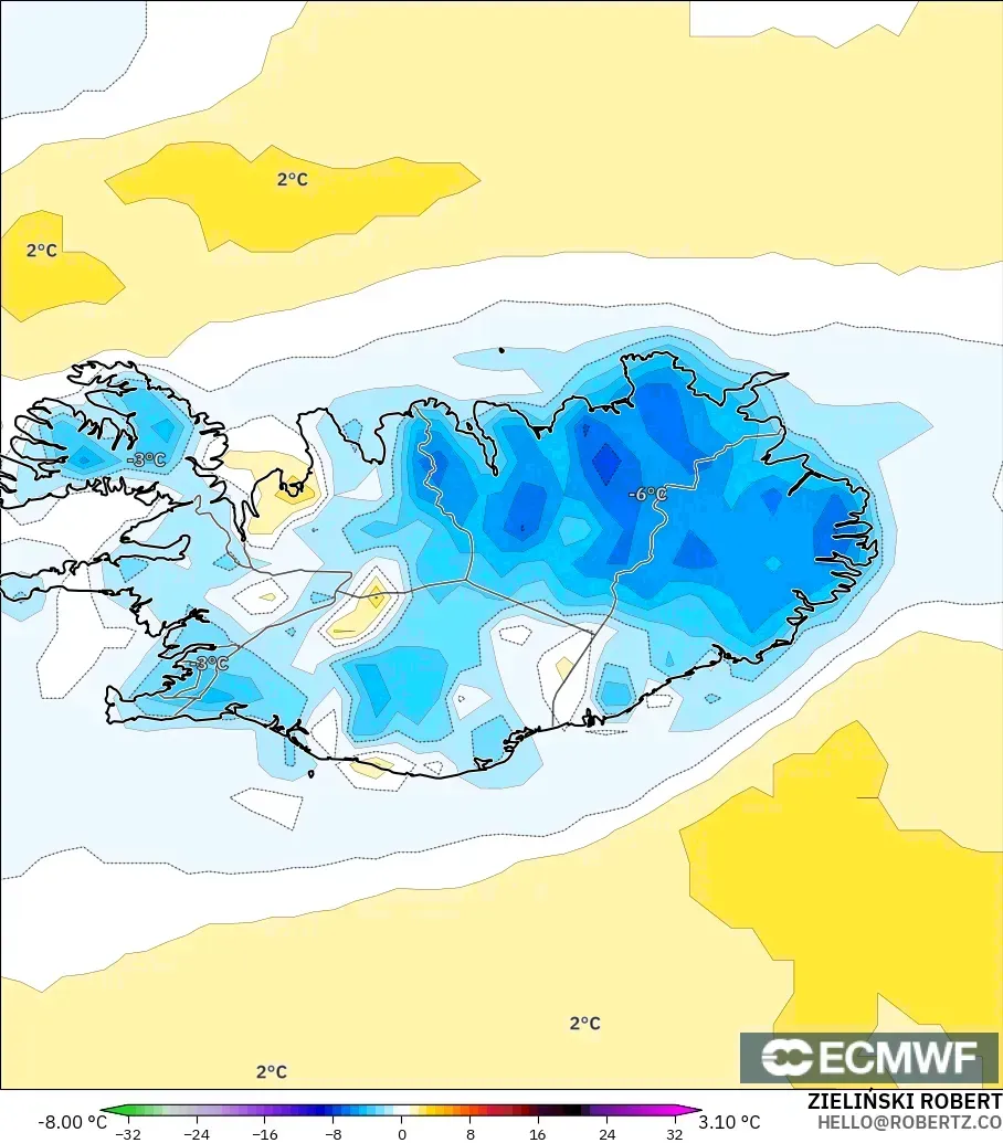 ECMWF IFS 0.25° model - Iceland, Temperature at 2m Anomaly
