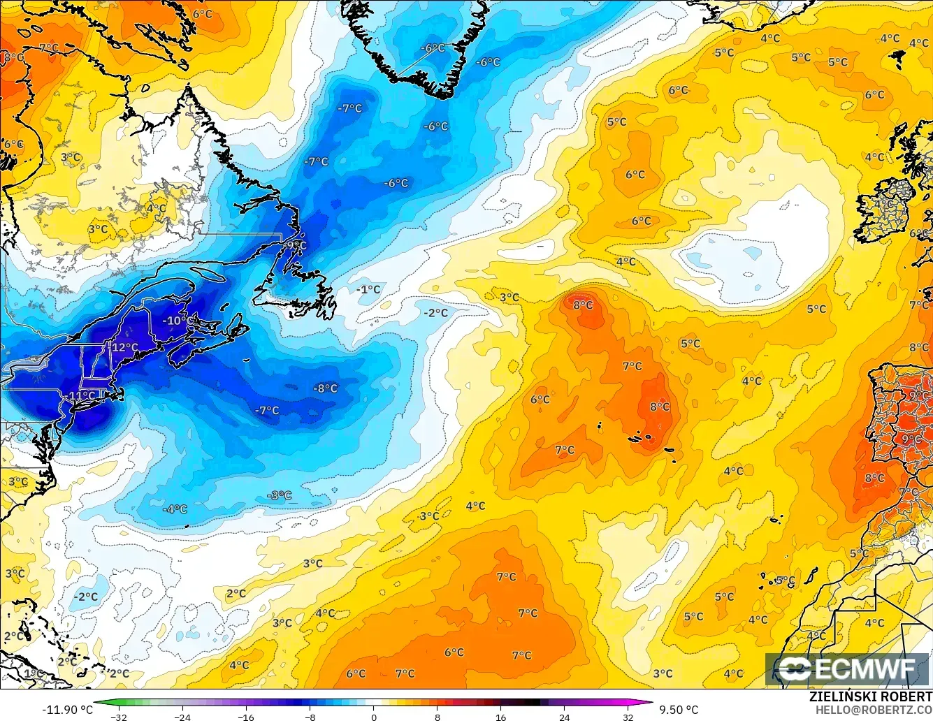 ECMWF IFS 0.25° model - North Atlantic, Temperature at 850hPa Anomaly