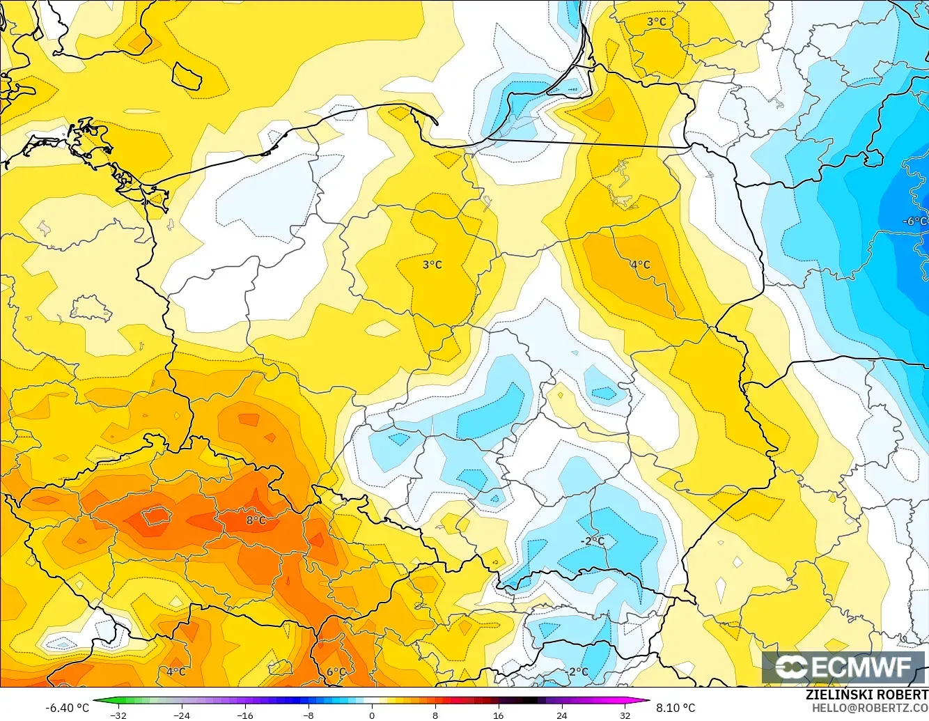 ECMWF IFS 0.25° model - Poland, Temperature at 2m Anomaly