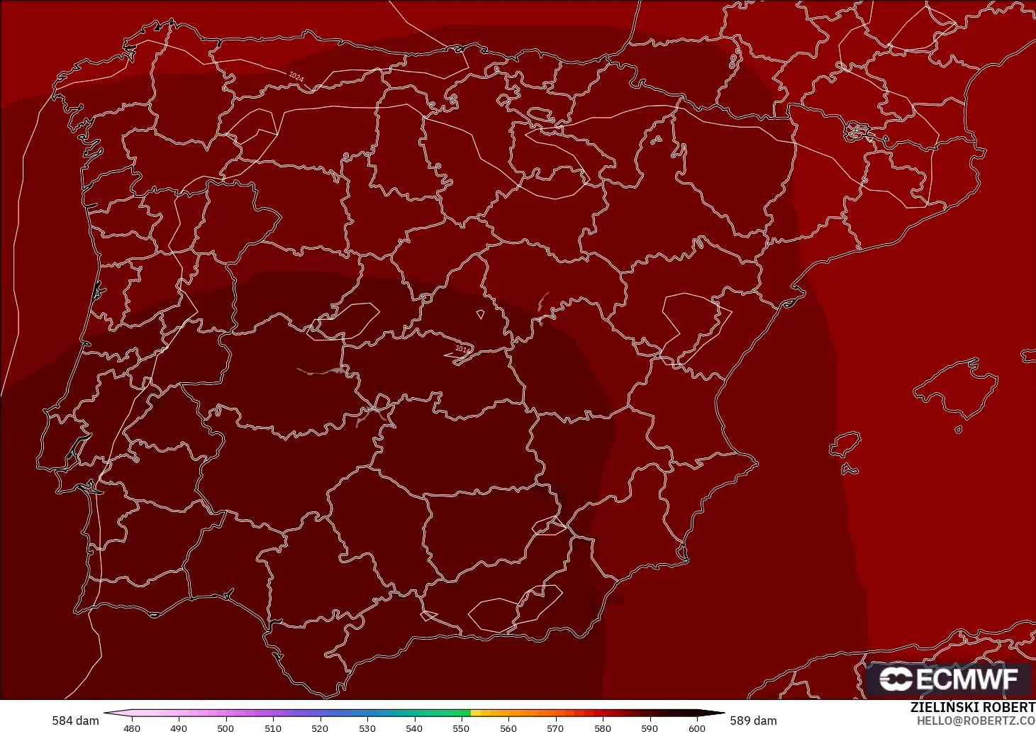 ECMWF IFS 0.25° model - Spain, Geopotential height at 500hPa