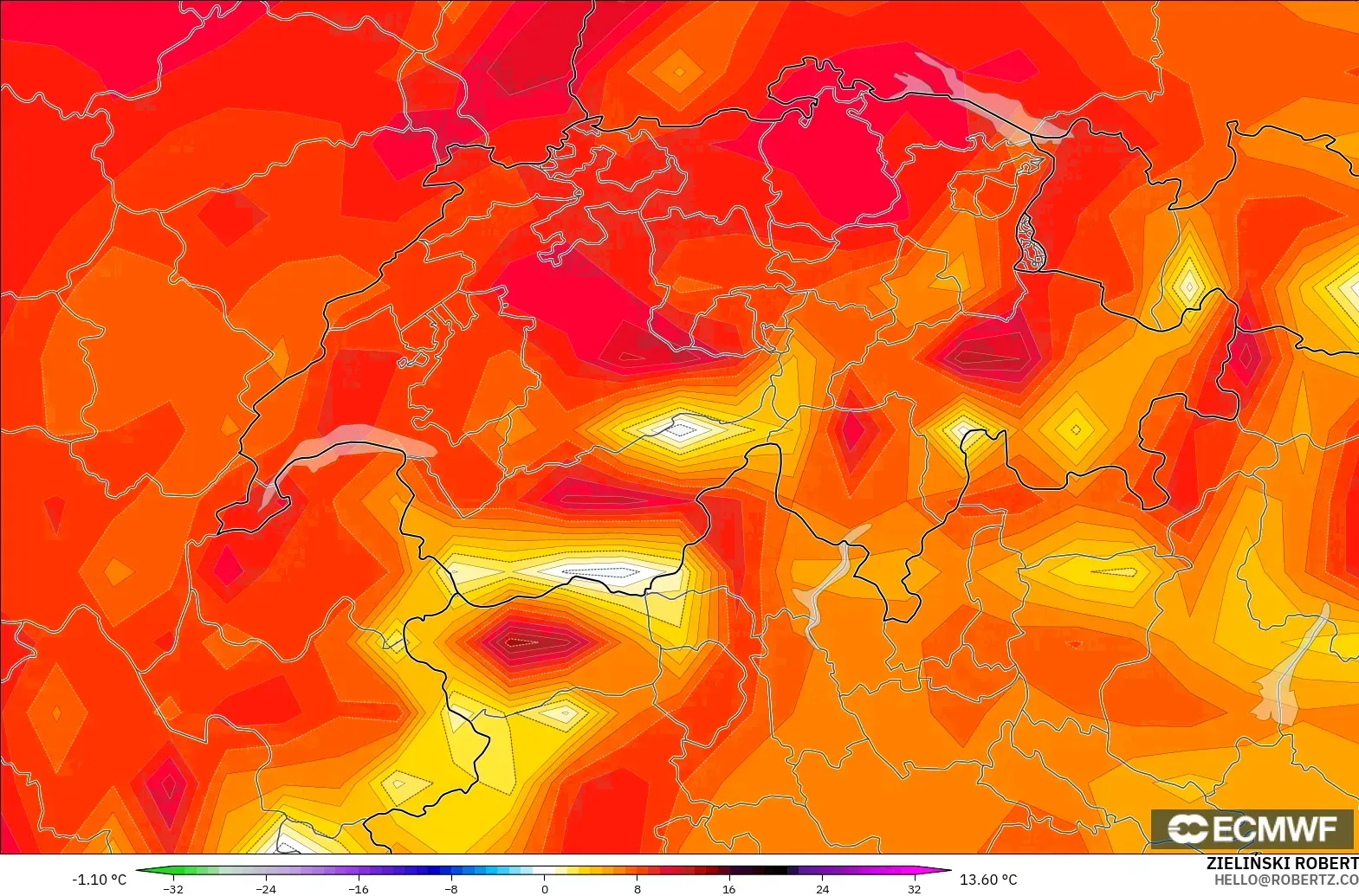 ECMWF IFS 0.25° model - Switzerland, Temperature at 2m Anomaly