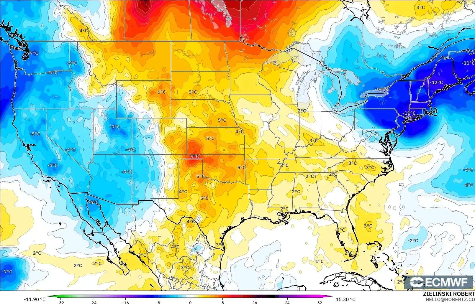 ECMWF IFS 0.25° model - United States, Temperature at 850hPa Anomaly