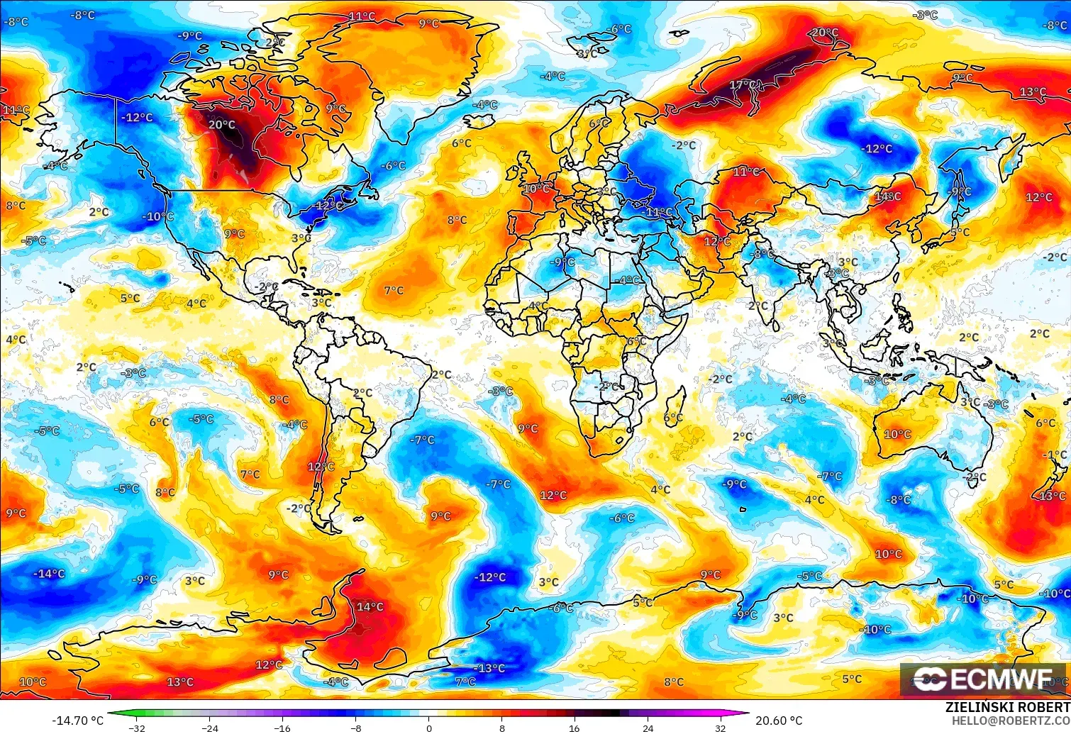 ECMWF IFS 0.25° model - World, Temperature at 850hPa Anomaly