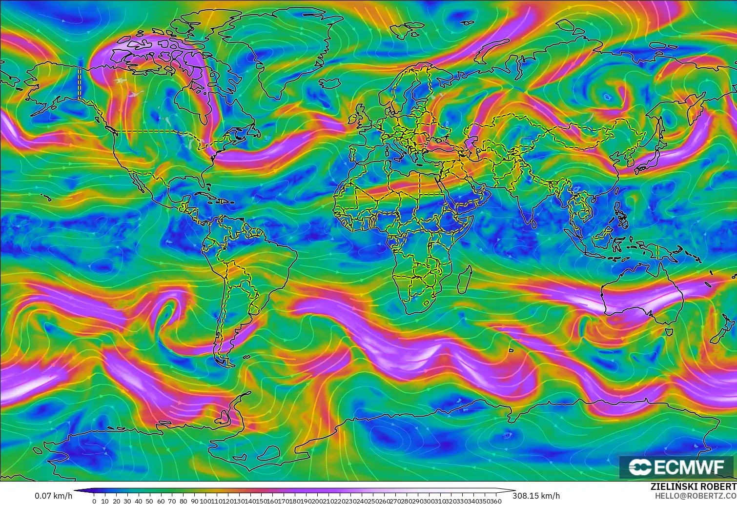 ECMWF IFS 0.25° model - World, Wind at 300hPa (jet stream)
