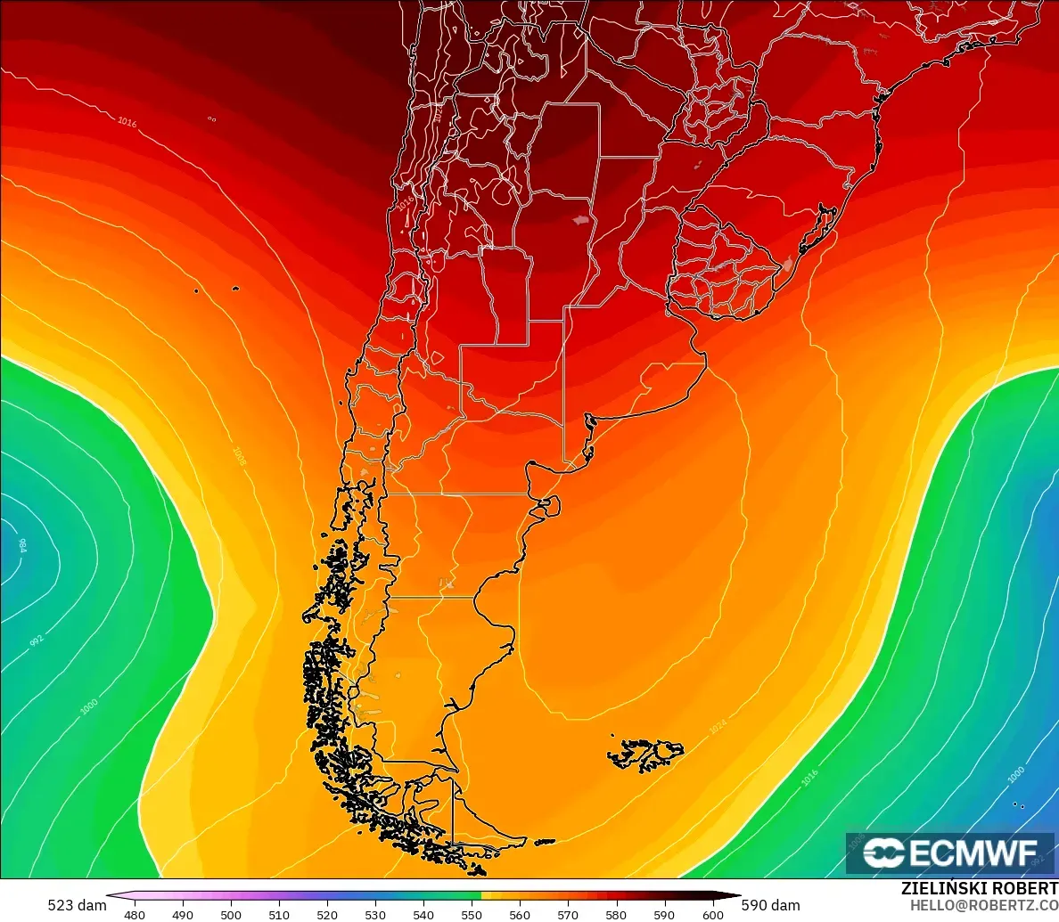 ECMWF IFS 0.25° model - Argentina, Geopotential height at 500hPa