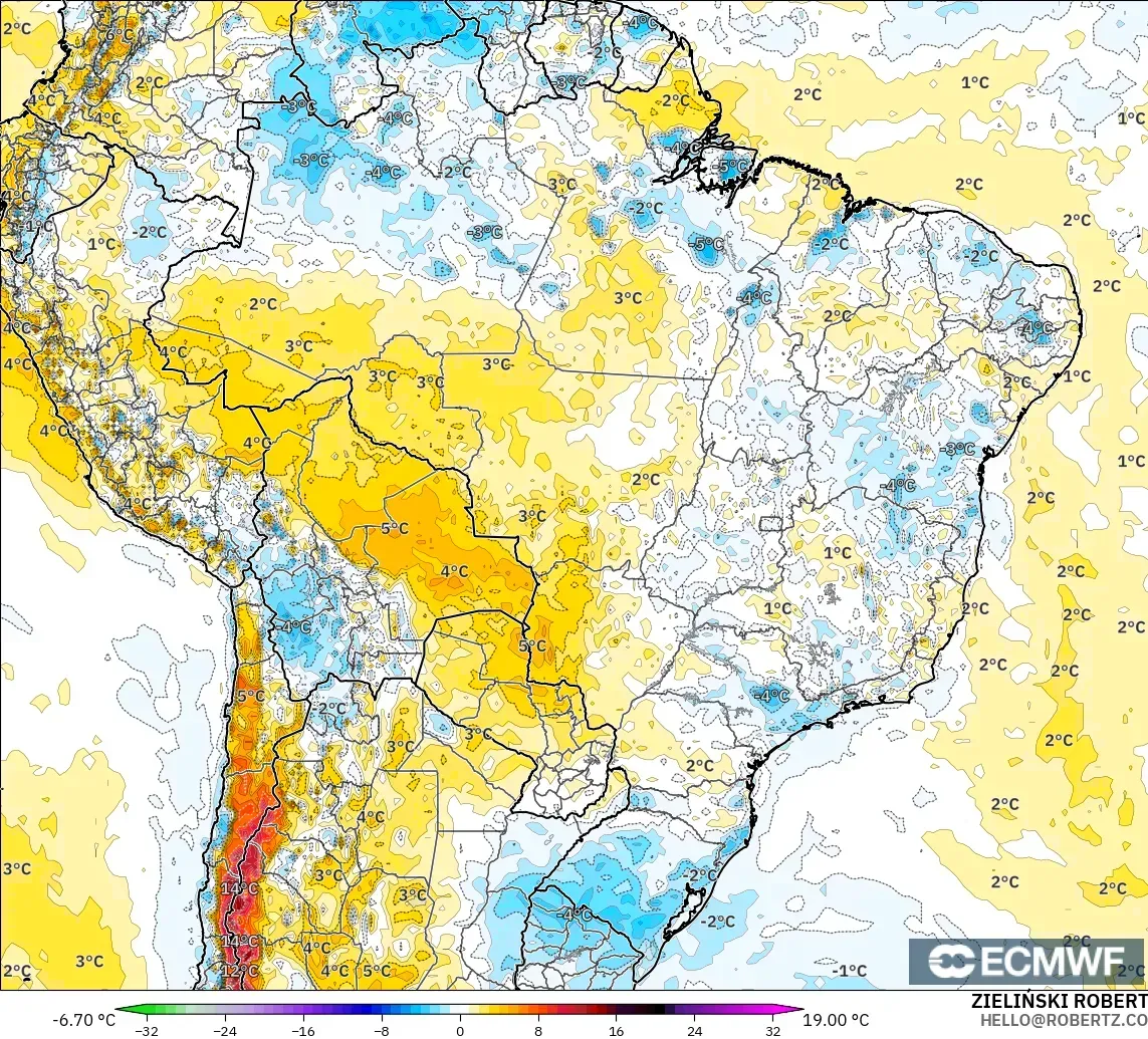 ECMWF IFS 0.25° model - Brazil, Temperature at 2m Anomaly
