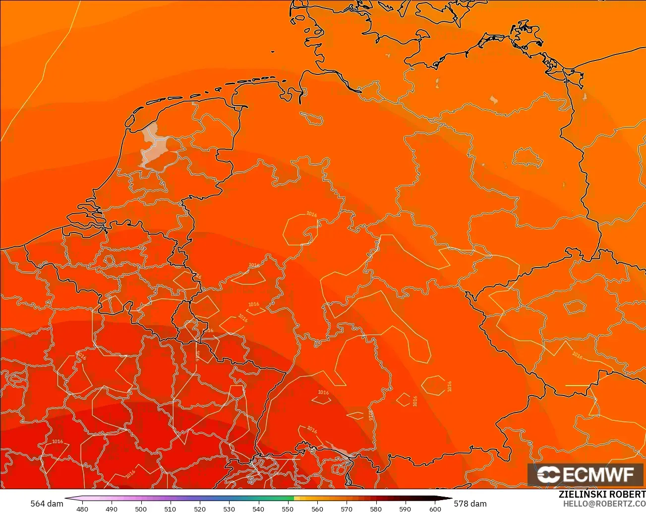 ECMWF IFS 0.25° model - Germany, Geopotential height at 500hPa