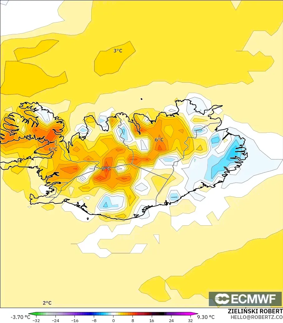 ECMWF IFS 0.25° model - Iceland, Temperature at 2m Anomaly
