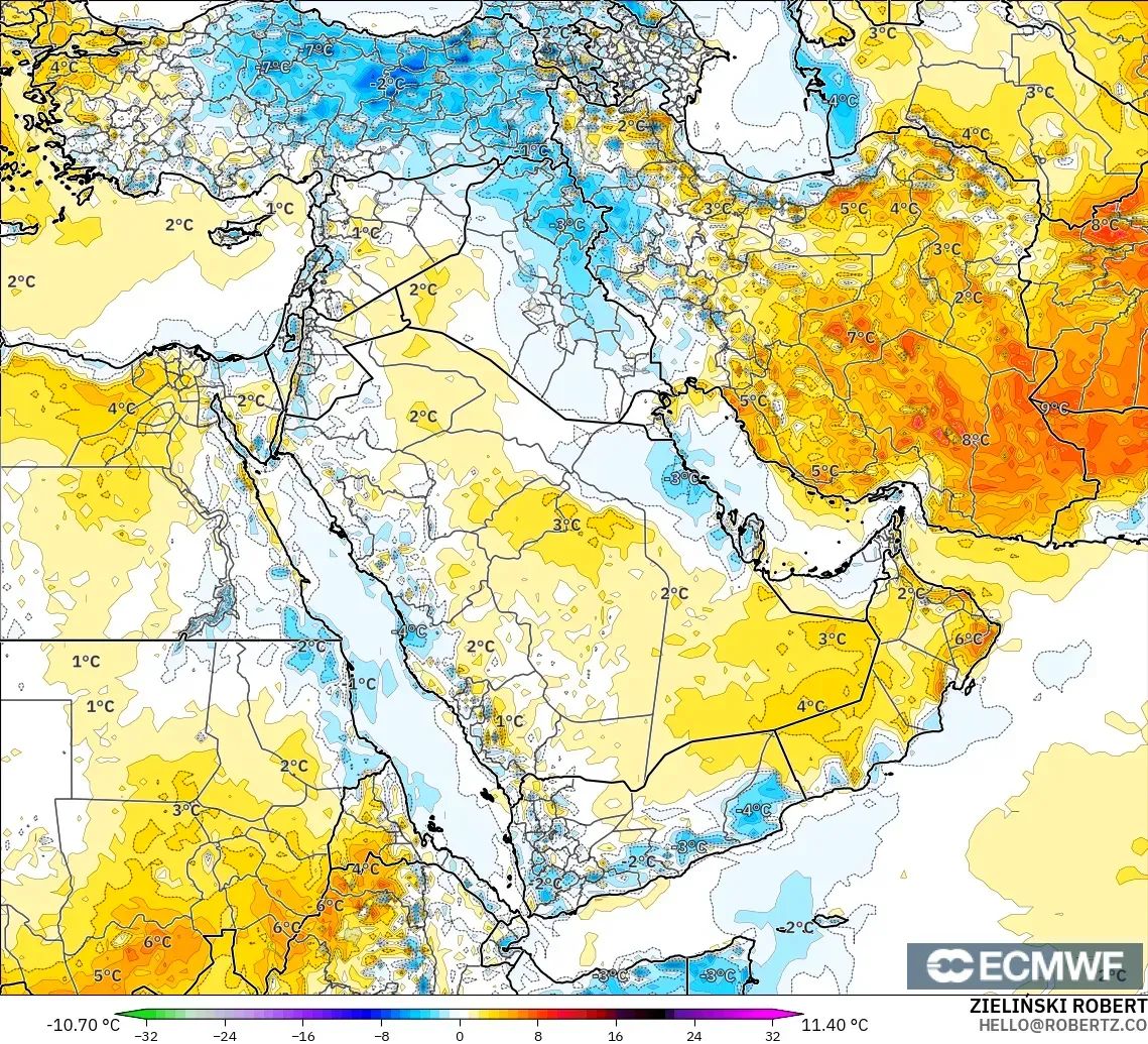 ECMWF IFS 0.25° model - Middle East, Temperature at 2m Anomaly