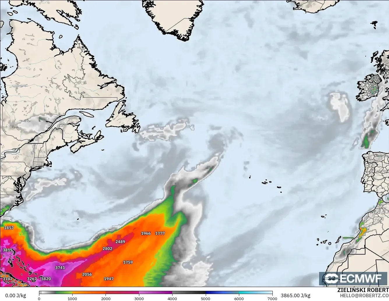 ECMWF IFS 0.25° model - North Atlantic, CAPE