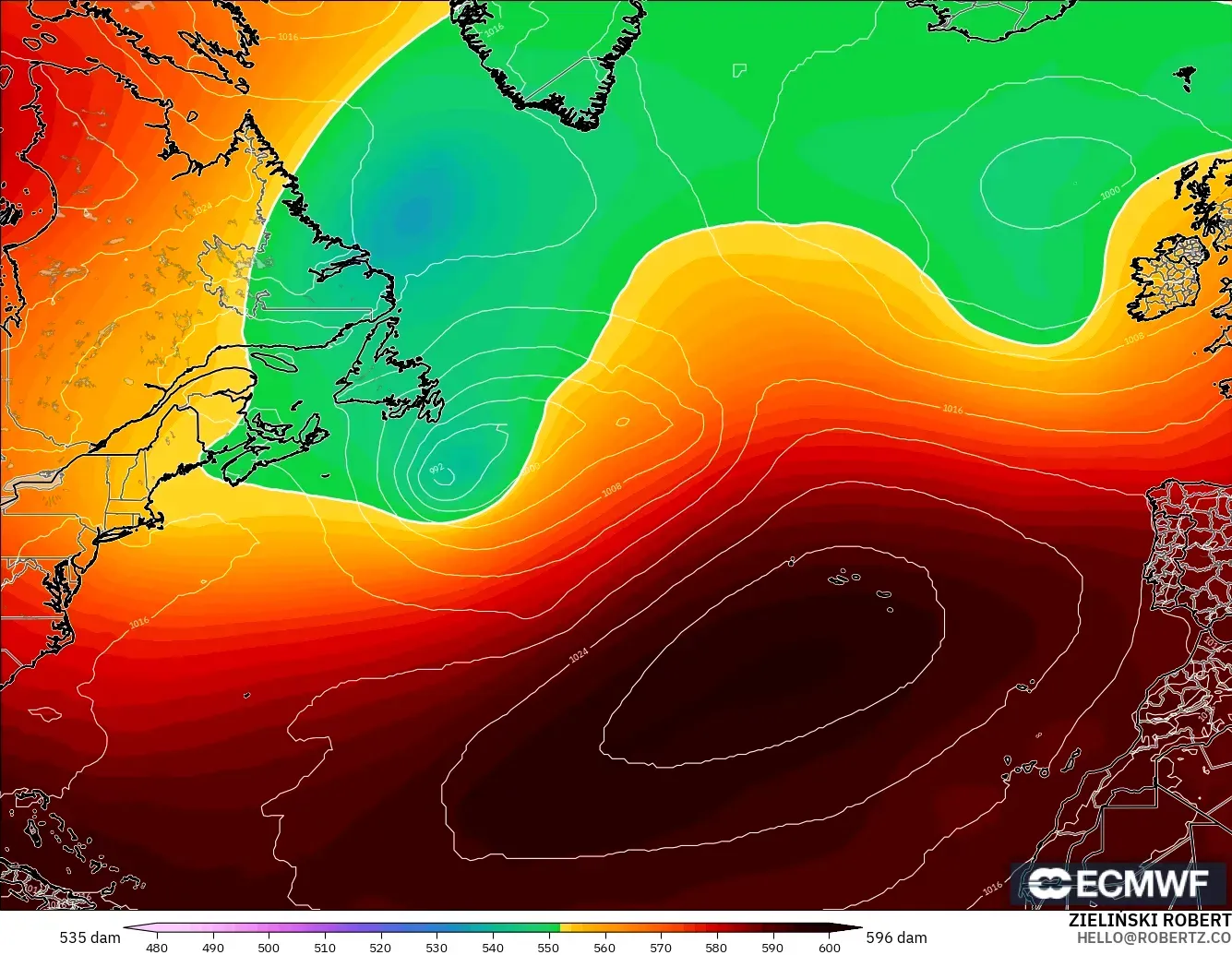 ECMWF IFS 0.25° model - North Atlantic, Geopotential height at 500hPa