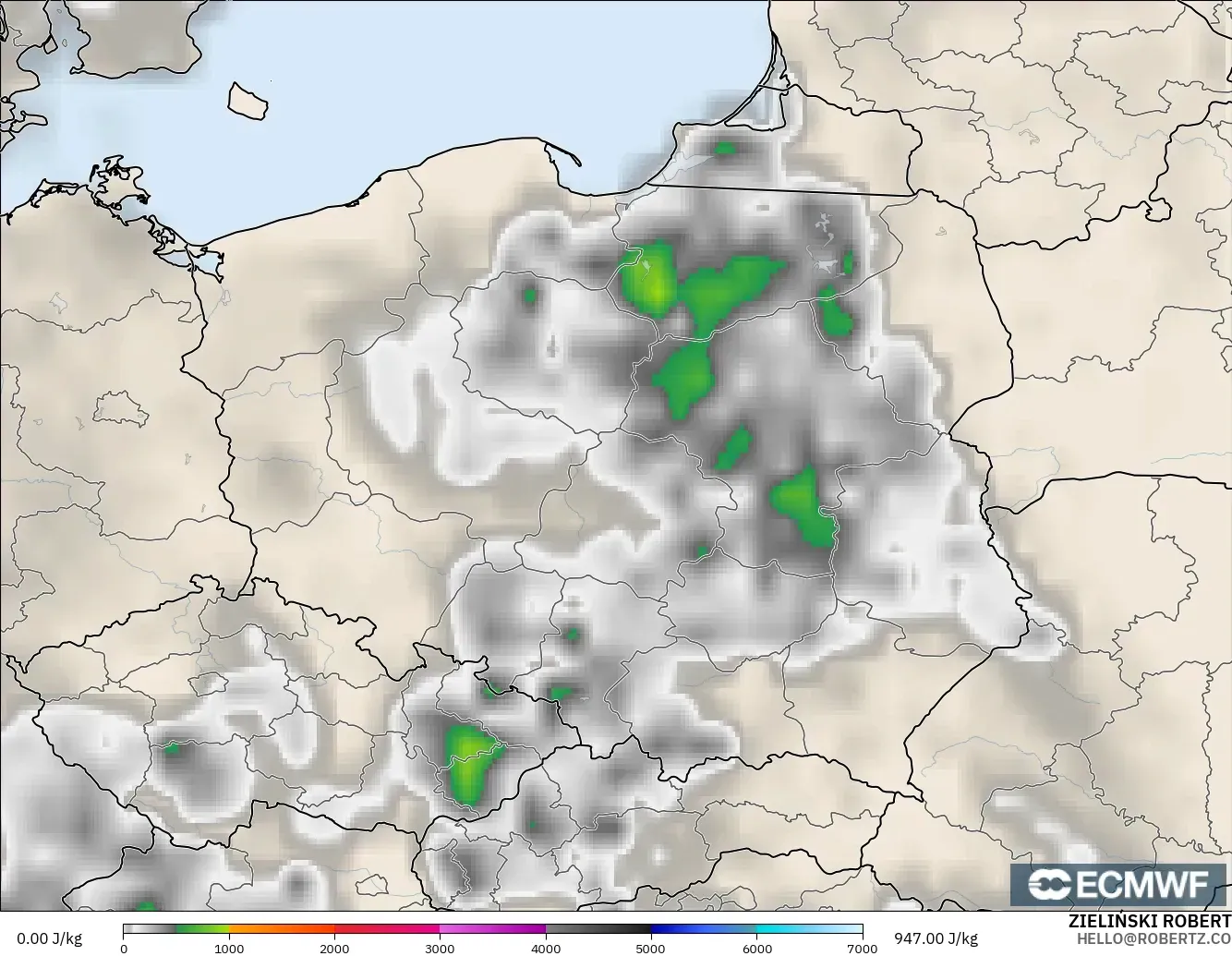 ECMWF IFS 0.25° model - Poland, CAPE