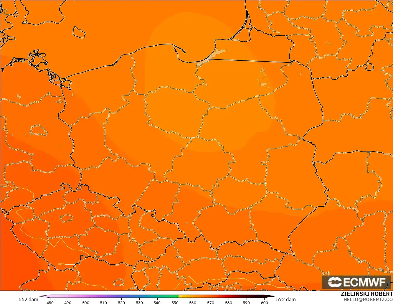 ECMWF IFS 0.25° model - Poland, Geopotential height at 500hPa