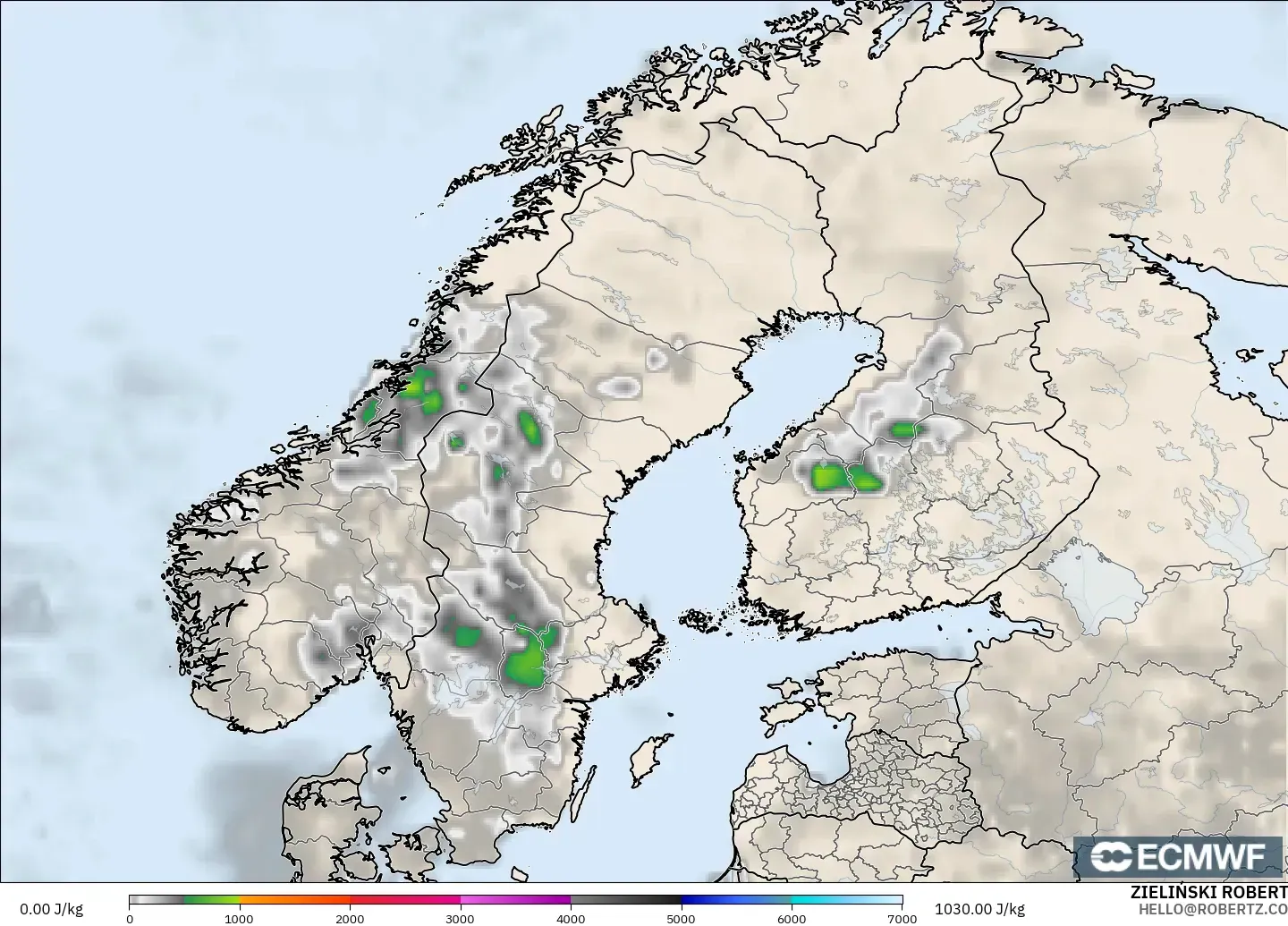 ECMWF IFS 0.25° model - Scandinavia, CAPE