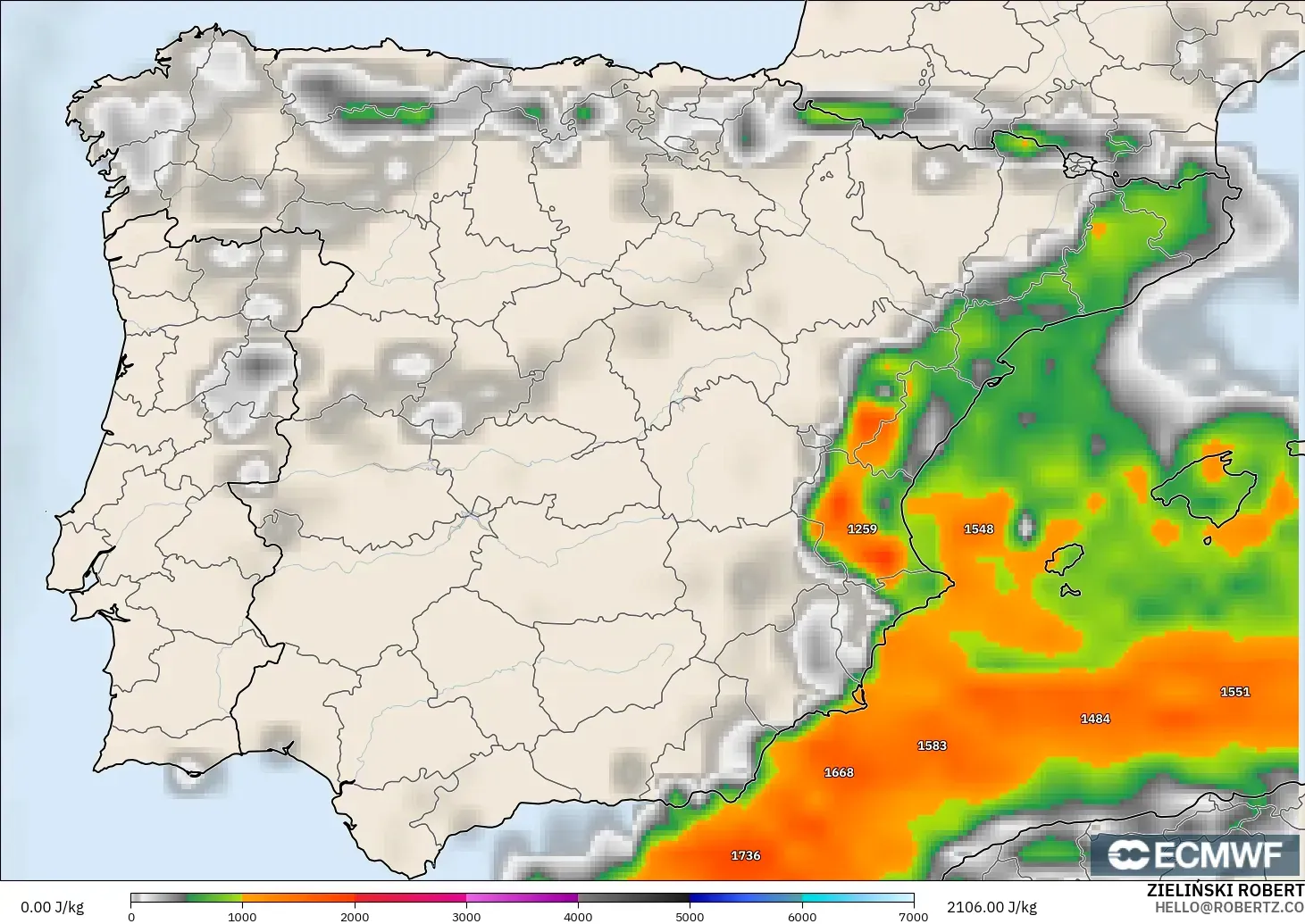 ECMWF IFS 0.25° model - Spain, CAPE