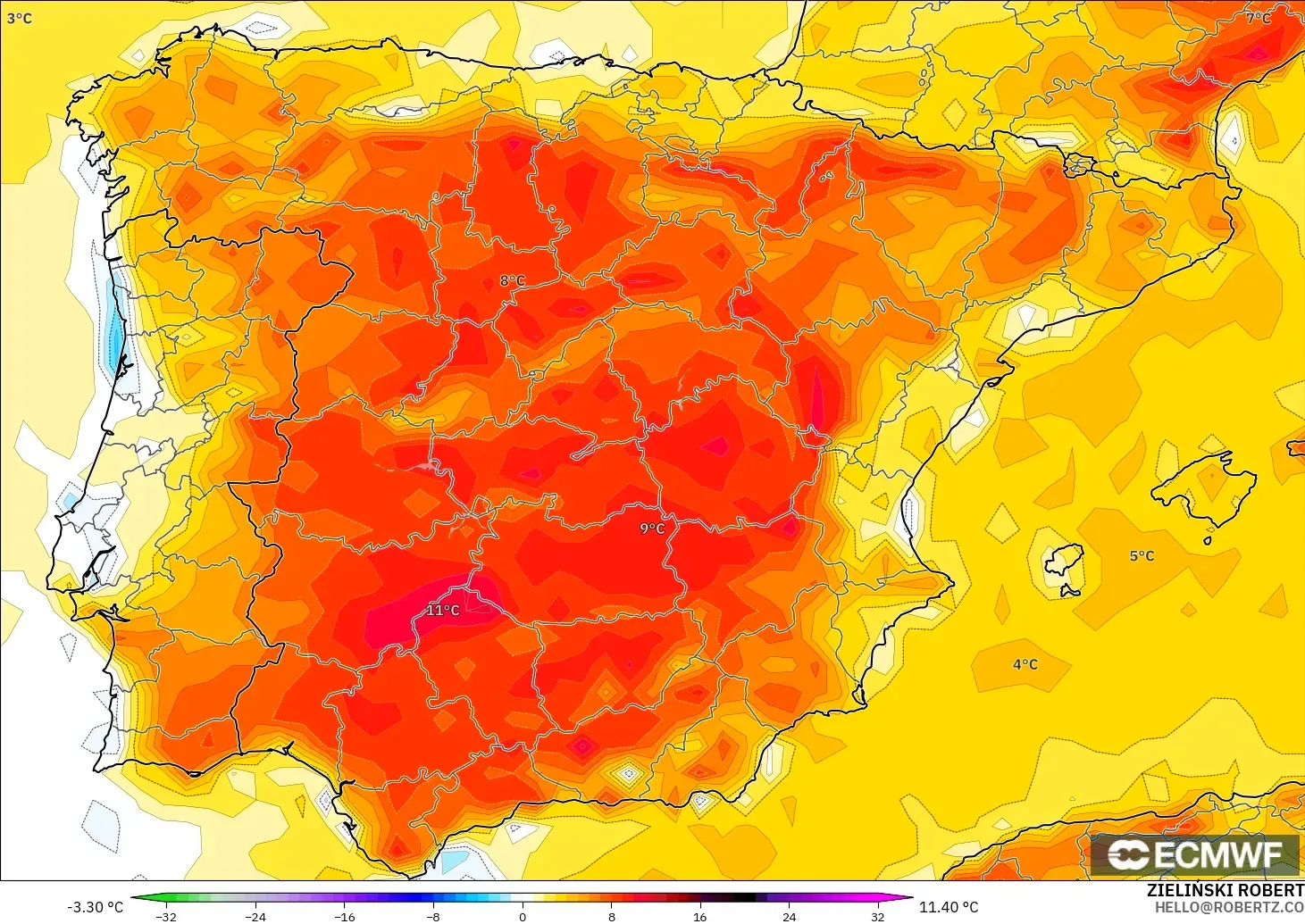 ECMWF IFS 0.25° model - Spain, Temperature at 2m Anomaly