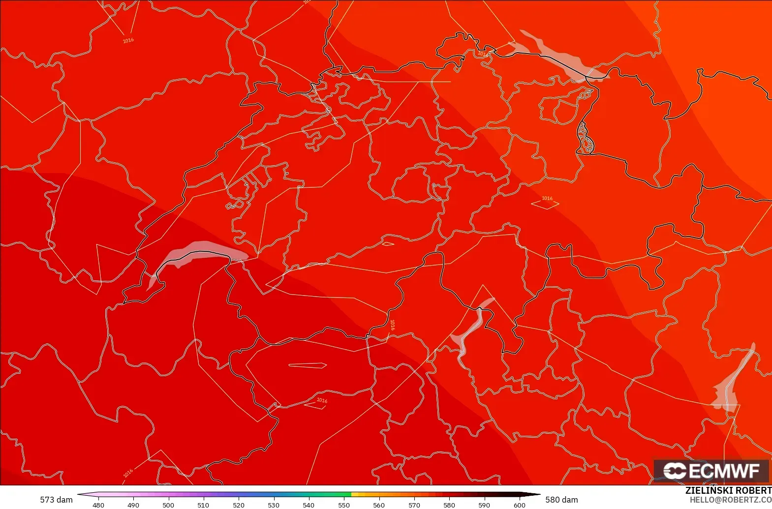 ECMWF IFS 0.25° model - Switzerland, Geopotential height at 500hPa